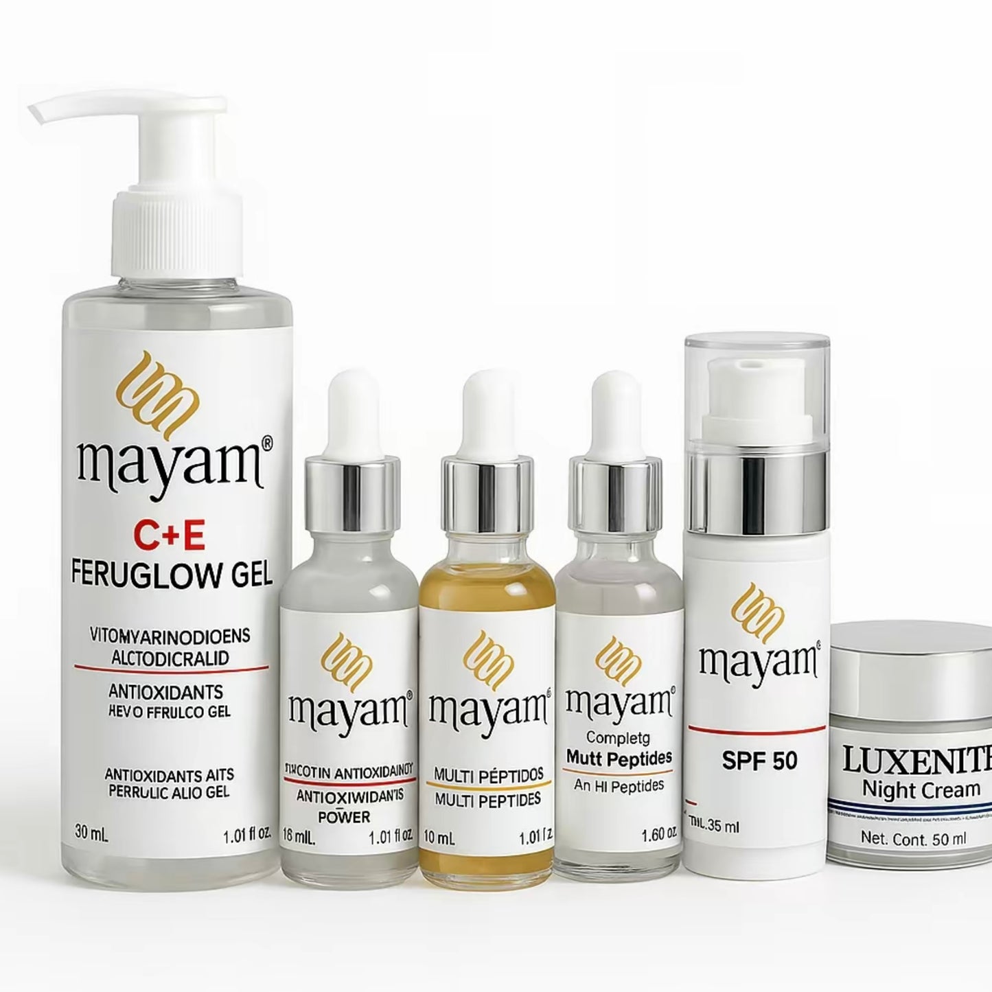 Mayam Beauty Starter Kit - 6-Piece Skin Repair Set C+E FeruGlow Gel PDRN Glow Serum Multi-Peptide Serum Retinol Serum Day Cream Night Cream