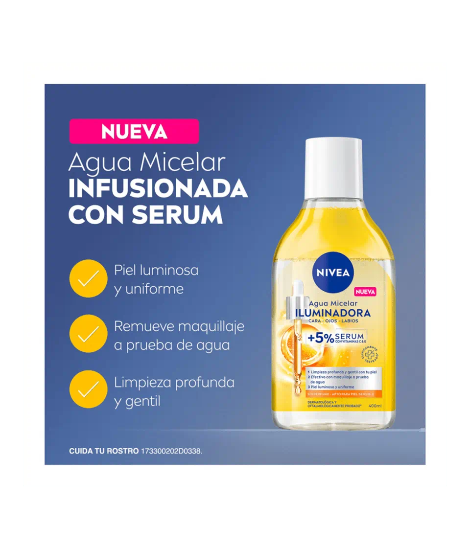AGUA MICELAR CON SERUM ILUMINADORA VITAMINA C & E  400 ml